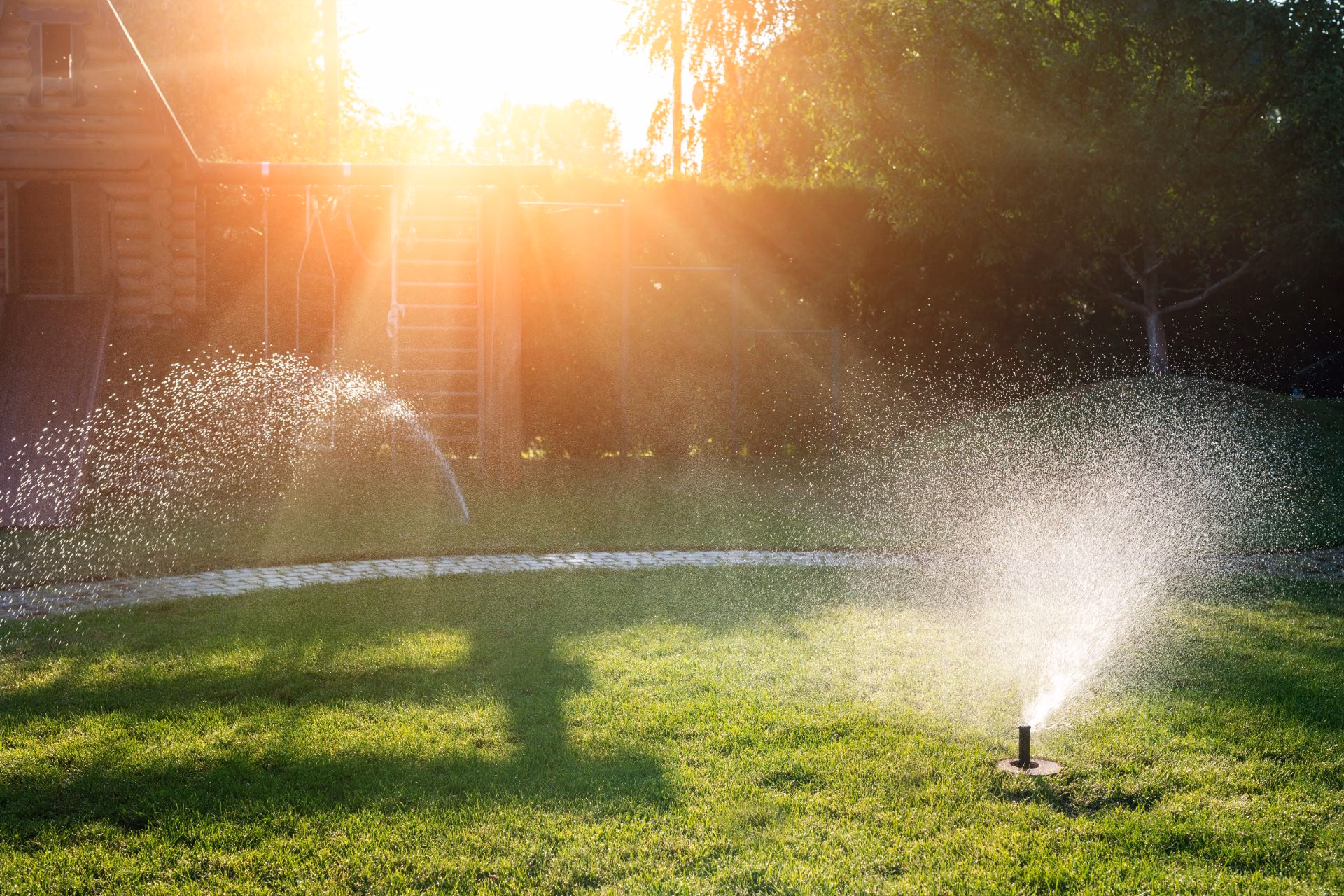 Sprinkler watering a lawn at sunset